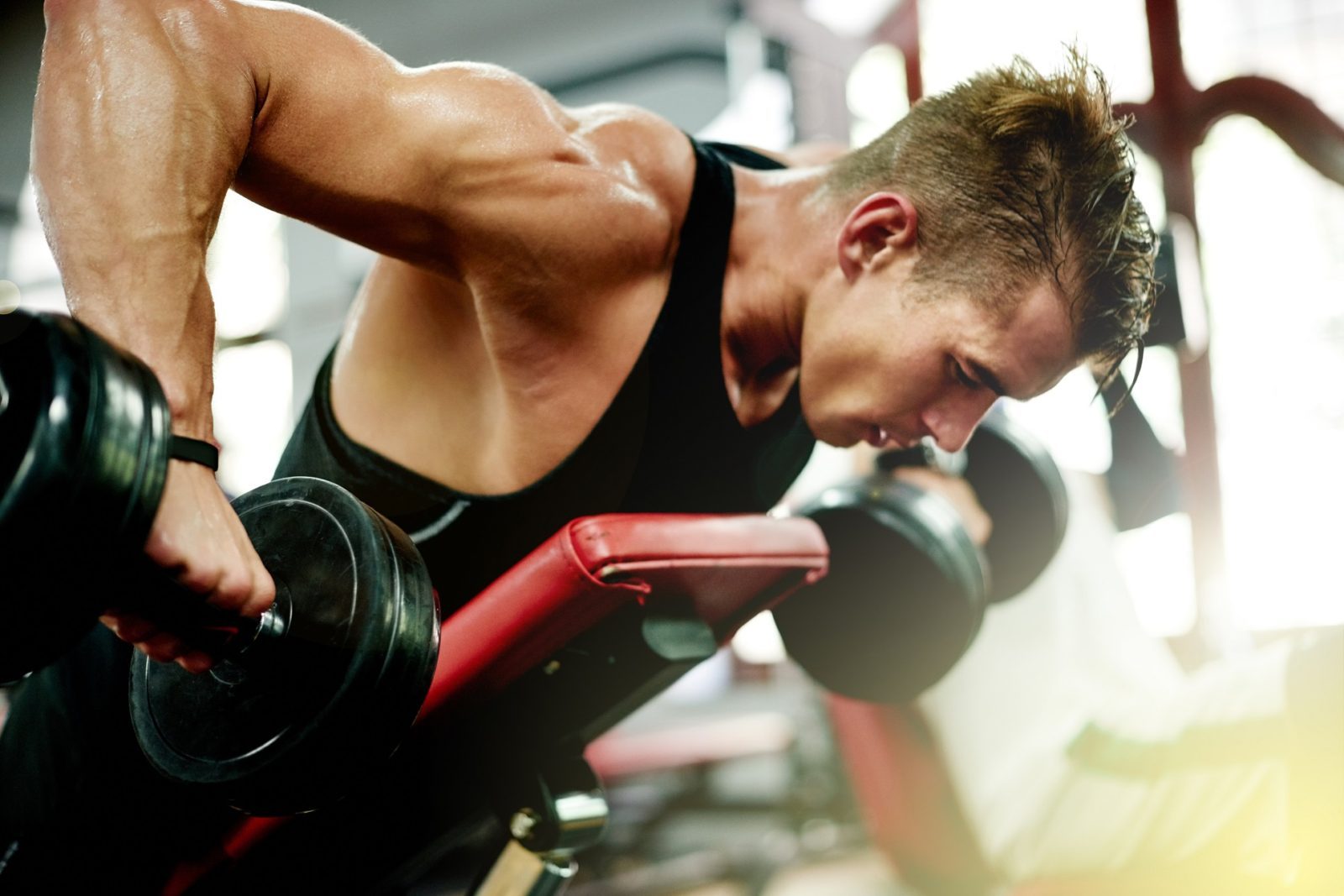 Muscly young man weight training e