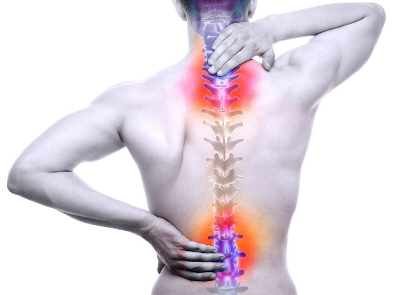 A mans back with an illustrated spine holding one of his hands on his neck and the other on his lower back | Featured image for Back Injury Physiotherapy.